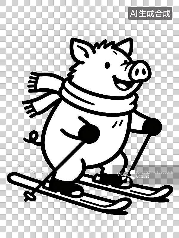 【AI数字艺术】滑雪的猪 Q版风格动物滑雪系列插画图片素材