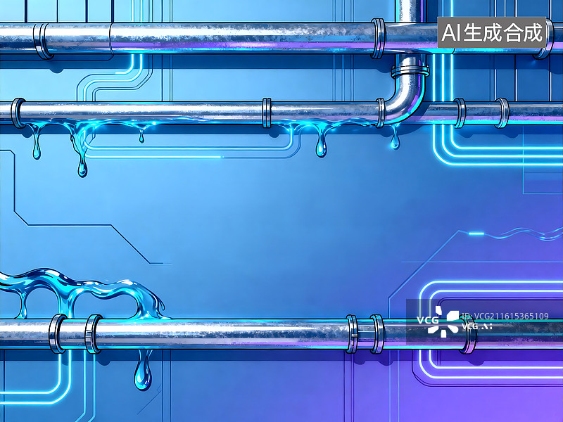 【AI数字艺术】蓝色霓虹管道泄漏科技感背景图片素材
