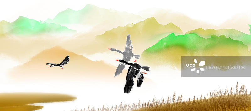 秋天 山 大雁  水墨 中国画 文学 插图 传统文化 图画书图片素材