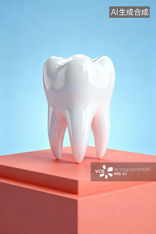【AI数字艺术】白色牙齿模型置于橙色台座上图片素材