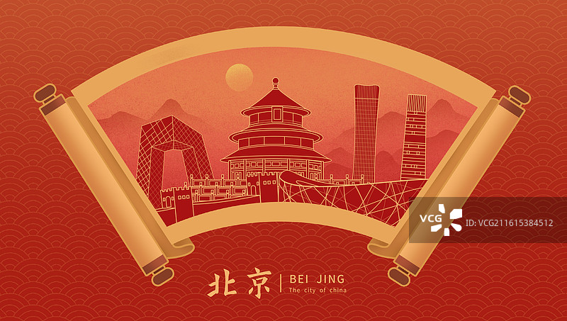 北京中国风画卷古典卷轴书卷手绘城市建筑图片素材