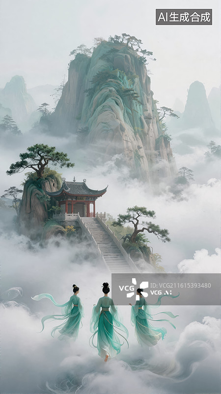 【AI数字艺术】云海仙阁三女行图片素材
