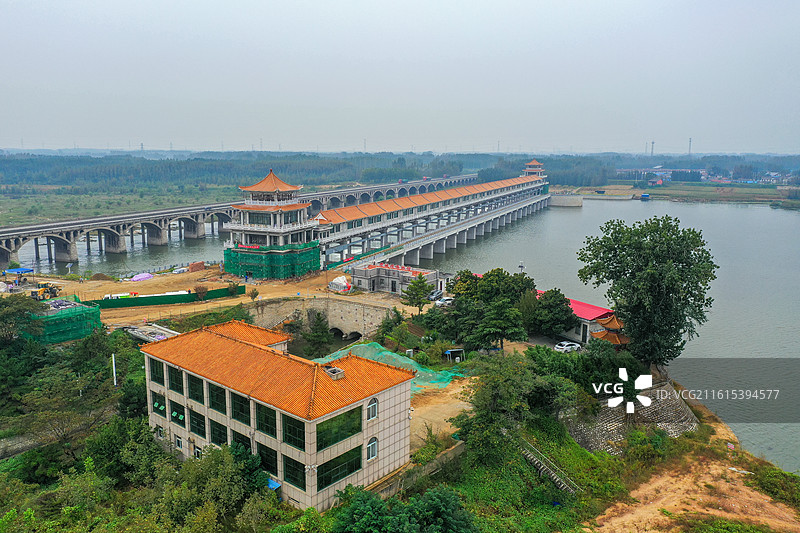 堽城坝和堽城坝大桥+山东省泰安市宁阳县图片素材