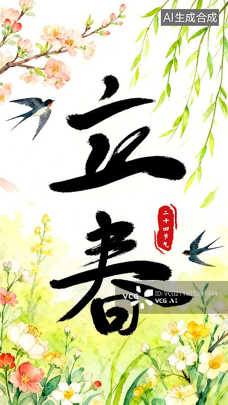 【AI数字艺术】二十四节气立春水彩画海报模板图片素材