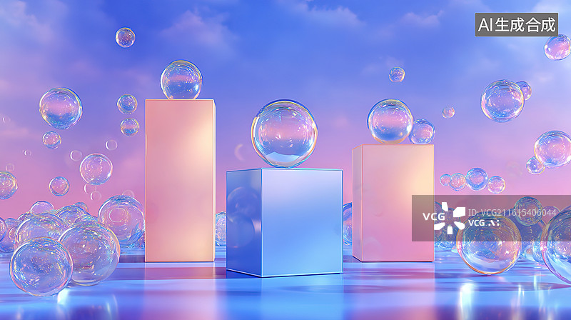 【AI数字艺术】彩色立方体与漂浮气泡图片素材