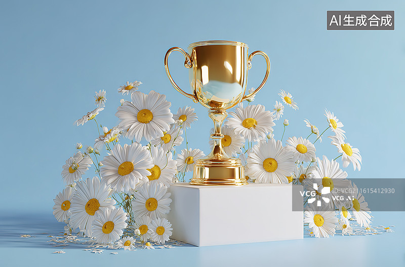 【AI数字艺术】金色奖杯与雏菊花环绕图片素材
