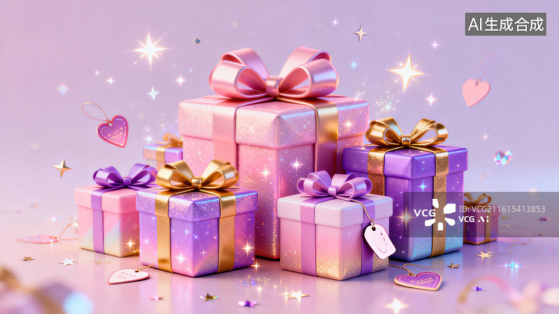 【AI数字艺术】彩色礼盒与星光点缀的梦幻场景图片素材