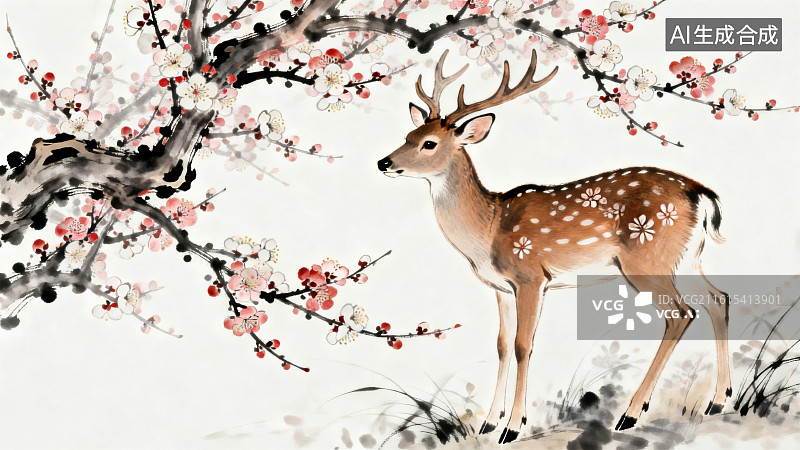 【AI数字艺术】梅花鹿与盛开的梅花枝图片素材