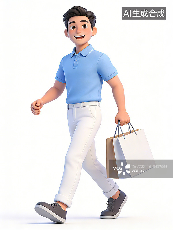 【AI数字艺术】年轻男性，面带微笑，手持购物袋，身穿蓝色Polo衫和裤子，脚穿黑色运动鞋，姿态轻松愉快图片素材