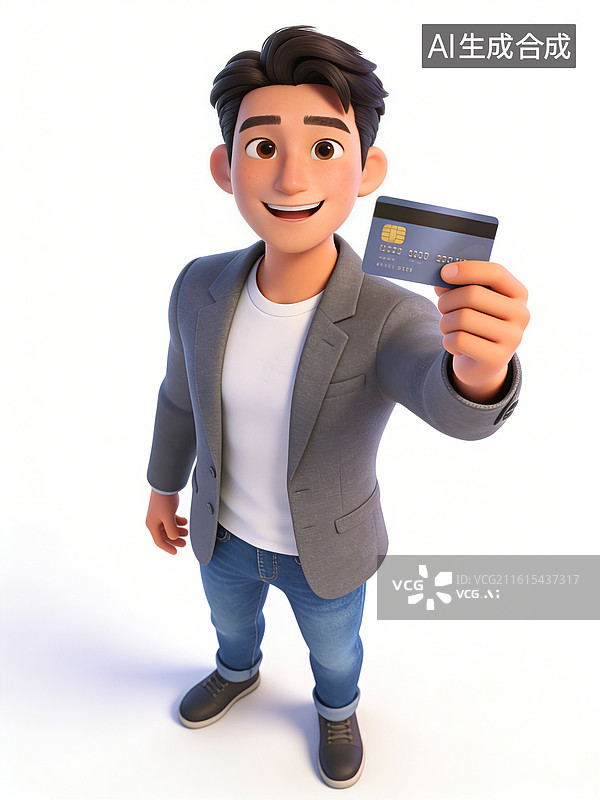 【AI数字艺术】年轻男性卡通白领角色，面带微笑，手持信用卡，穿着灰色西装外套、白色T恤、牛仔裤和黑色运动鞋图片素材