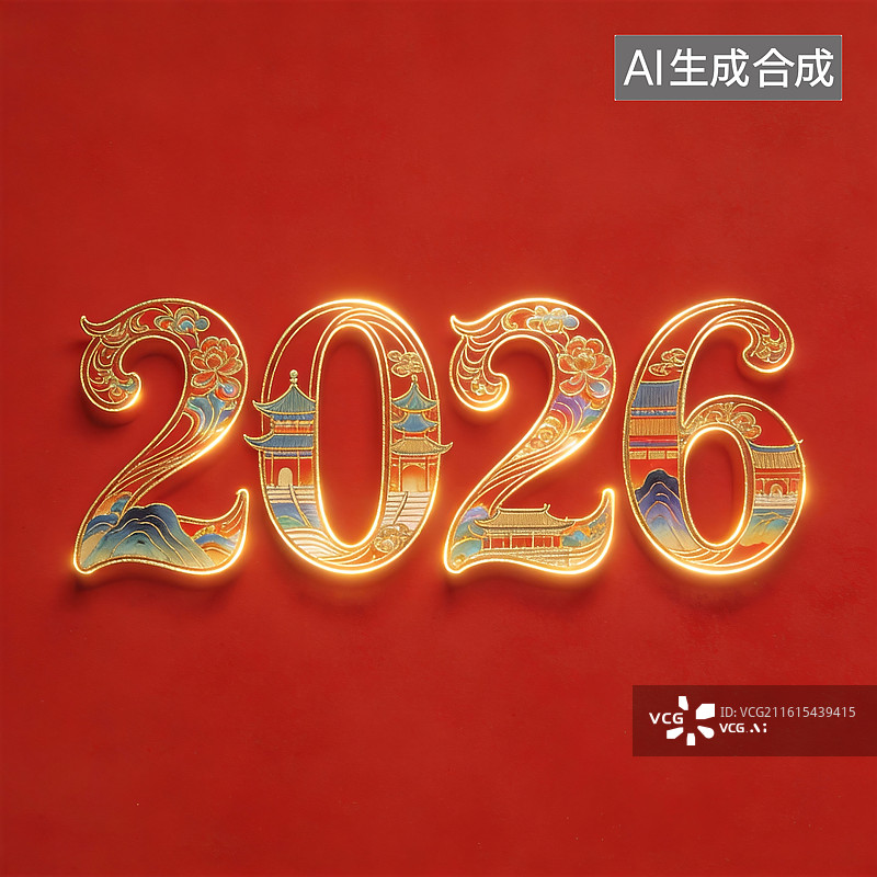 【AI数字艺术】2026金色装饰数字红色背景图片素材