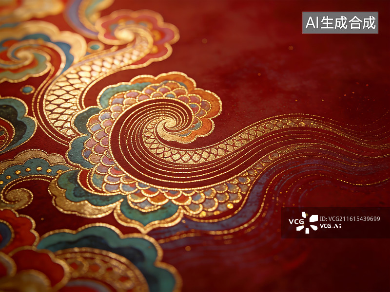 【AI数字艺术】红色底金色祥云纹饰图片素材