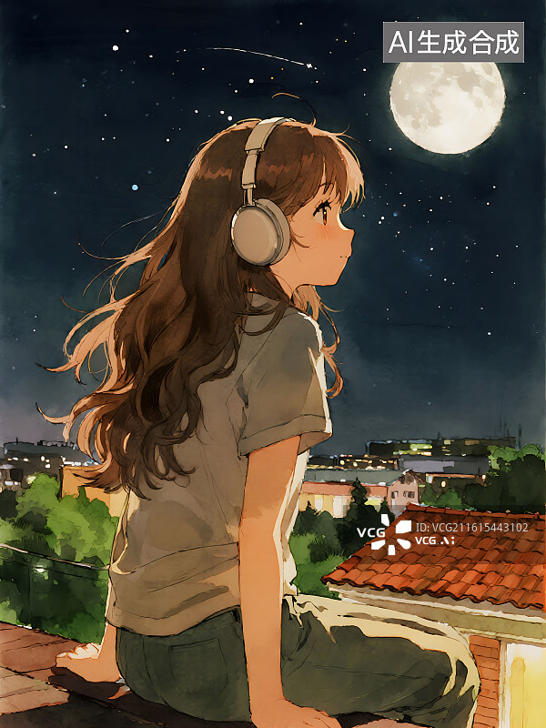 【AI数字艺术】夜晚屋顶上，一个漂亮的年轻女孩的背影，长卷发，她戴着耳机图片素材