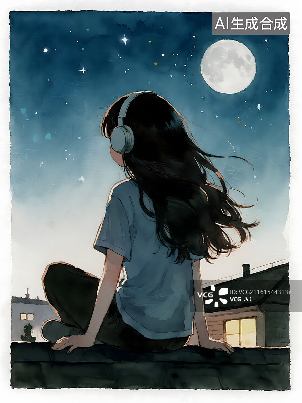 【AI数字艺术】夜晚屋顶上，一个漂亮的年轻女孩的背影，长卷发，她戴着耳机图片素材