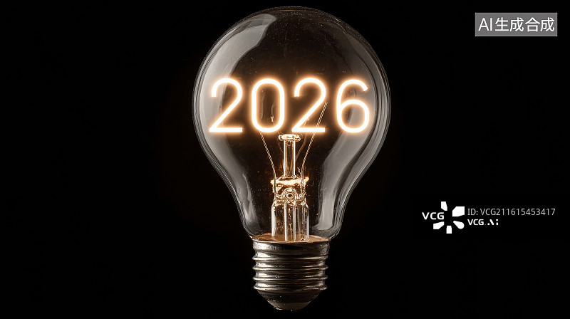 【AI数字艺术】黑暗背景下木桌上发光的2026创意灯泡图片素材