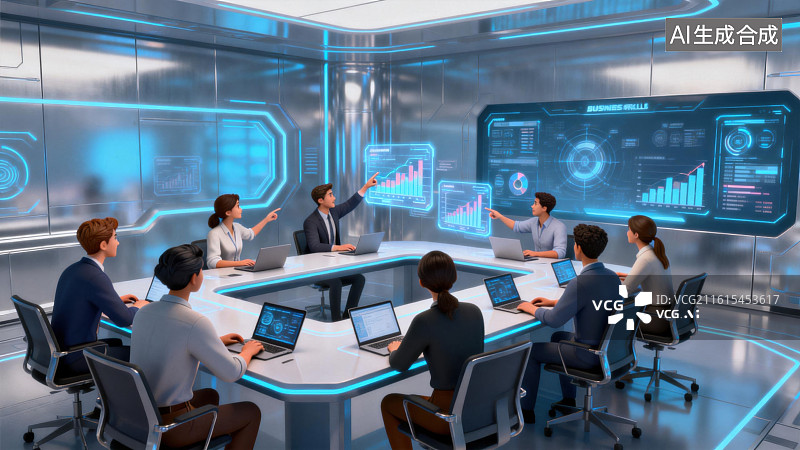 【AI数字艺术】未来科技会议室团队协作图片素材