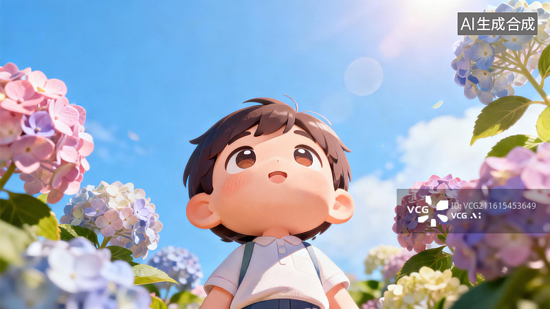 【AI数字艺术】男孩在绣球花丛中仰望天空图片素材
