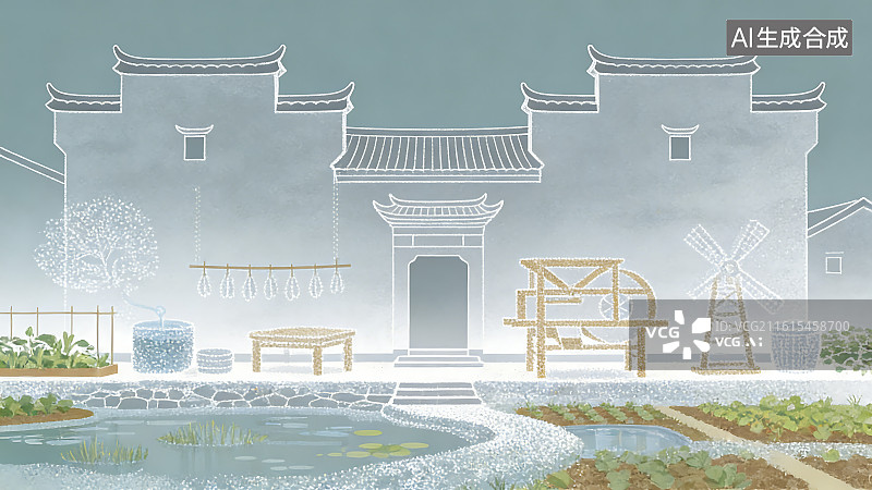【AI数字艺术】传统中式乡村房屋与池塘风车图片素材