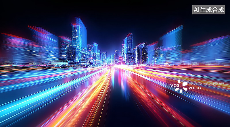 【AI数字艺术】夜景城市道路光轨动态模糊效果图片素材