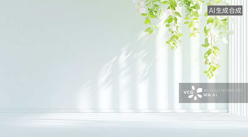 【AI数字艺术】明亮室内窗边绿叶垂挂光影斑驳静谧场景图片素材