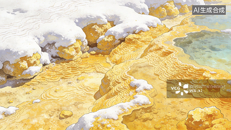 【AI数字艺术】雪覆黄土与水流交汇图片素材