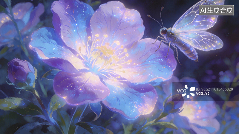 【AI数字艺术】梦幻紫花与发光蝴蝶图片素材