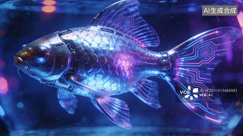 【AI数字艺术】发光电路鱼在水下游动图片素材