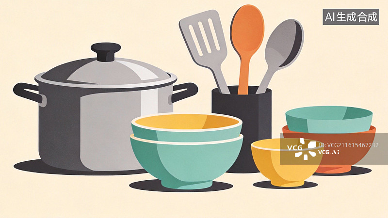 【AI数字艺术】厨房用具组合插画图片素材