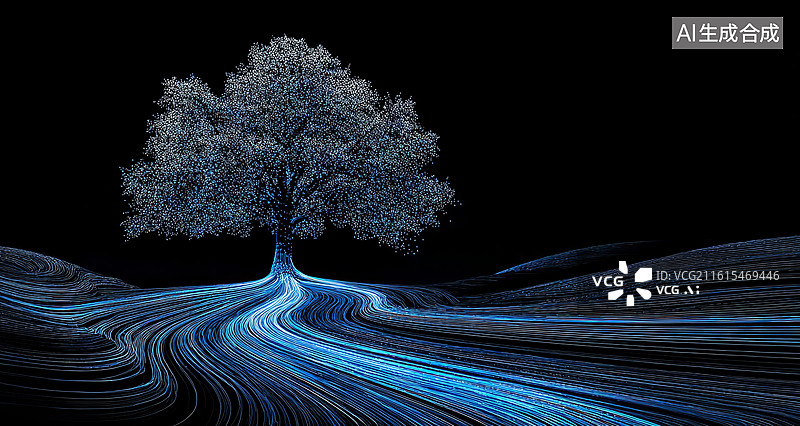 【AI数字艺术】夜空下孤树与蓝色波纹光影交织的梦幻景观图片素材