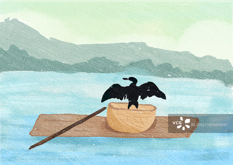 鸬鹚篮筐木筏河流图片素材