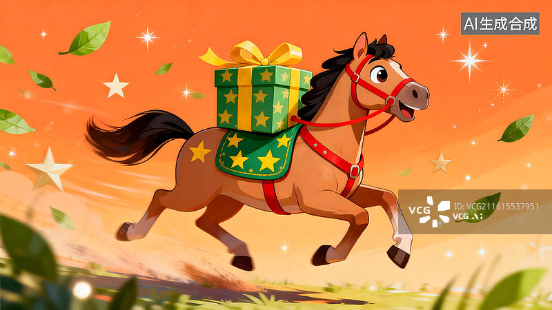 【AI数字艺术】奔跑的马匹驮着礼物盒图片素材