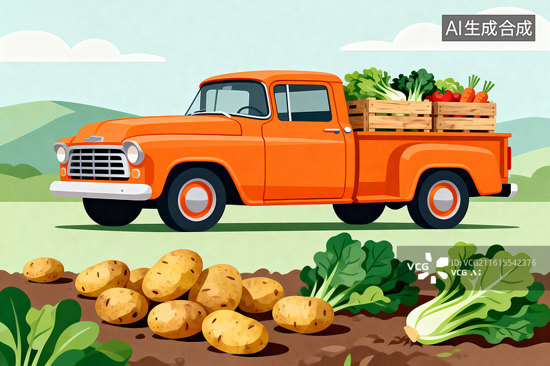 【AI数字艺术】橙色卡车满载新鲜蔬菜停在田边图片素材