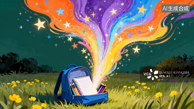 【AI数字艺术】书包喷出彩虹星光梦幻场景图片素材