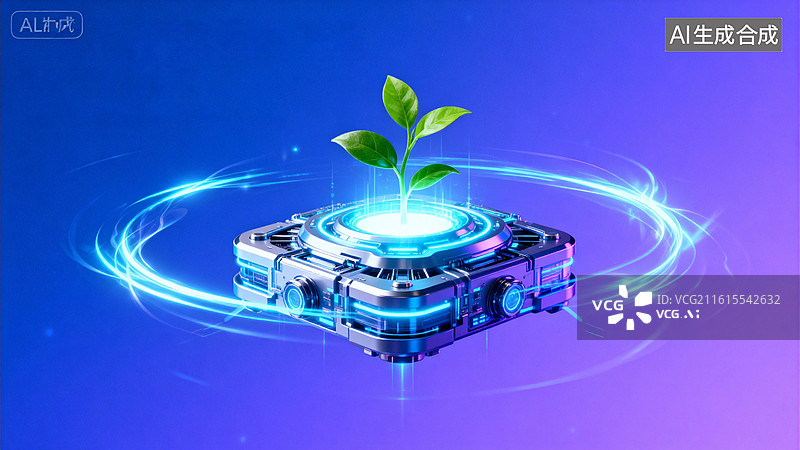 【AI数字艺术】科技装置托举绿植象征生态未来图片素材