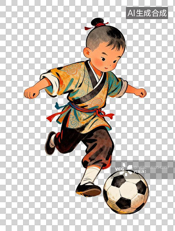 【AI数字艺术】小男孩穿古装踢足球 清明踢足球（蹴鞠）穿越创意插画图片素材