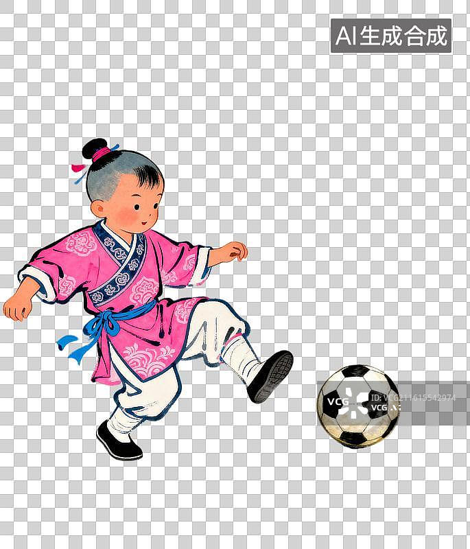 【AI数字艺术】小男孩穿粉色古装踢足球  清明踢足球（蹴鞠）穿越创意插画图片素材