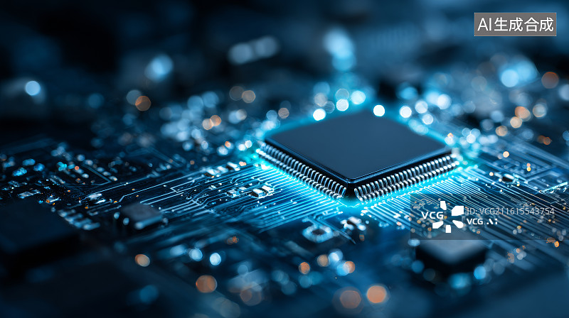 【AI数字艺术】蓝色冷光照耀下的高科技计算机芯片电路图片素材