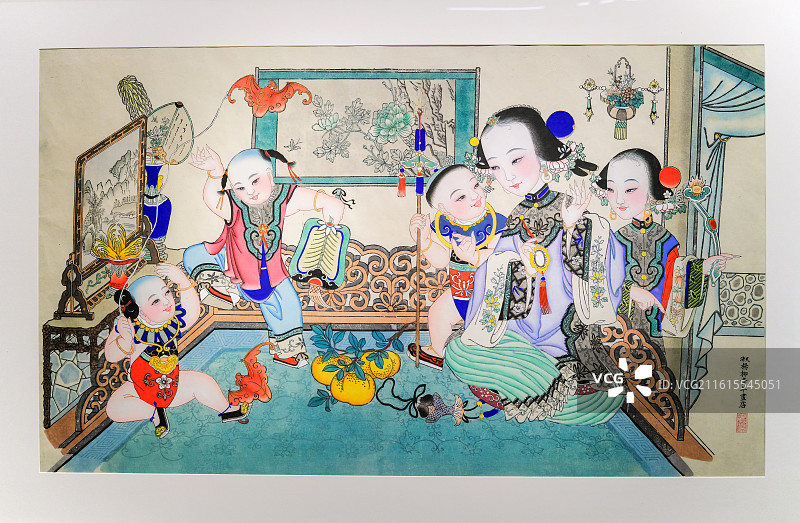 天津杨柳青年画《福善吉庆》 清版 中国美术馆“四时玩趣-中国美术馆藏民间美术迎春展”图片素材