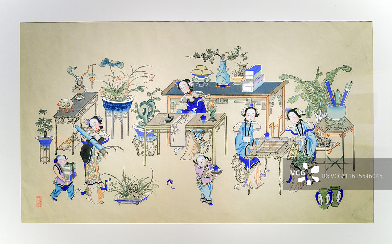 天津杨柳青年画《琴棋书画》 清代 中国美术馆“四时玩趣-中国美术馆藏民间美术迎春展”图片素材