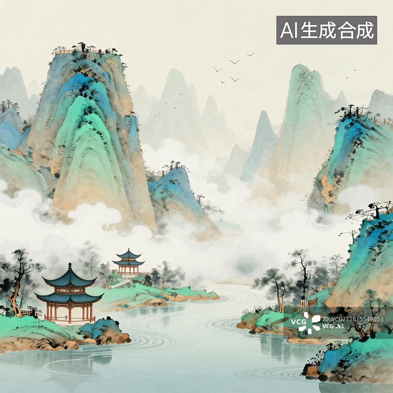 【AI数字艺术】水墨意境中的东方山水图片素材