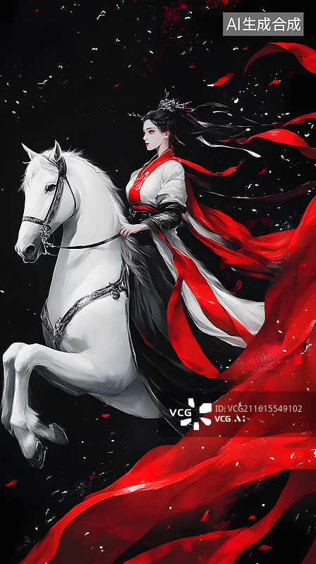 【AI数字艺术】红衣白马古装女子古风侠客骑马背影图片素材