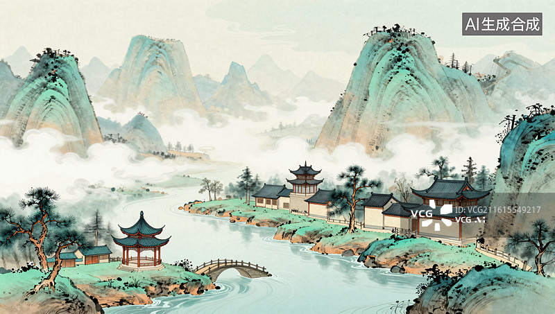 【AI数字艺术】水墨意境中的东方山水图片素材