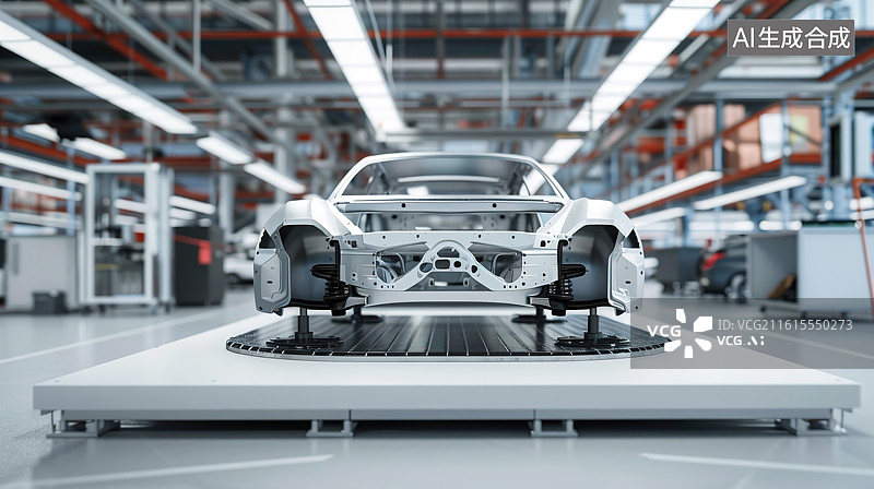 【AI数字艺术】现代工厂里的一台汽车车架——汽车工业设计制造概念图片素材