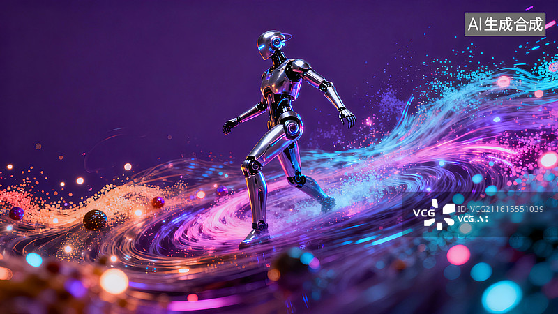 【AI数字艺术】彩色粒子中跑酷的人形机器人图片素材