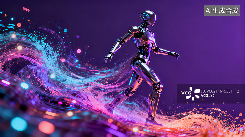 【AI数字艺术】彩色粒子中跑酷的人形机器人图片素材