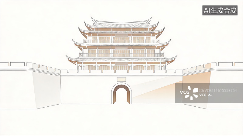 【AI数字艺术】传统中式城楼建筑插画图片素材