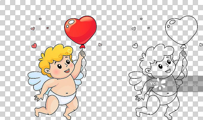 可爱的卡通丘比特拿着爱心形状的气球图片素材