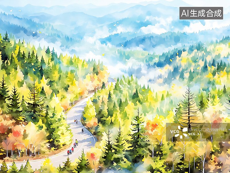 【AI数字艺术】水彩风格的梦幻自然画卷图片素材