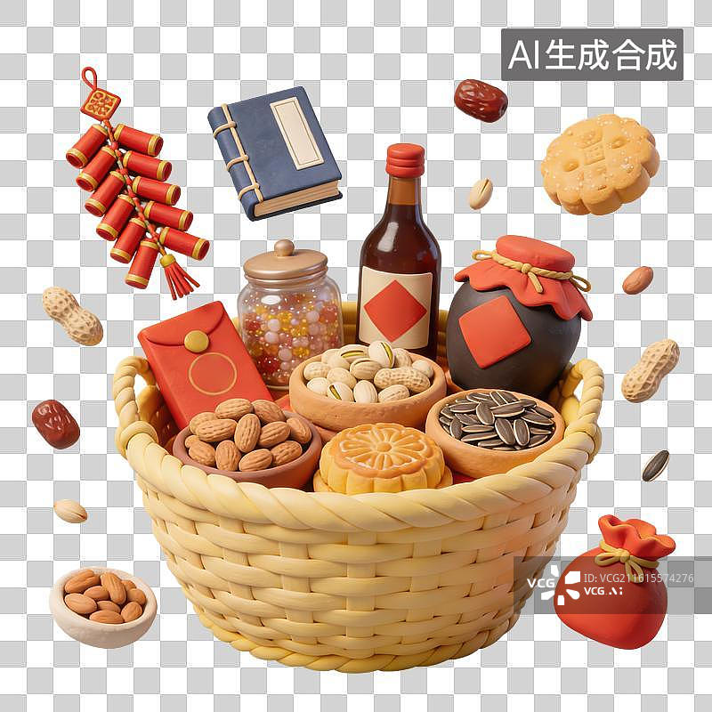 【AI数字艺术】3D粘土风竹编筐里的年货元素图片素材