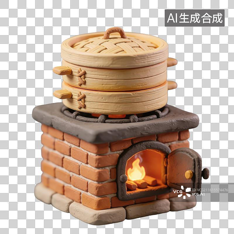 【AI数字艺术】3D粘土风红砖灶台叠放着两层竹编蒸笼元素图片素材